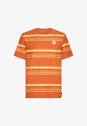 Orange T-shirt with horizontal yellow and white stripes, round neckline, and a small circular logo on the left chest.