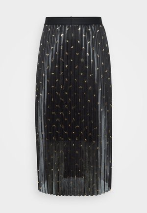 Fustă plisată neagră cu o textură mătăsoasă, având accente de folie aurie împrăștiate pe întreaga suprafață. Bretele elastice pentru confort și ajustare.