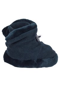Chausson-bottine doux en polaire bleu foncé avec doublure en peluche, fermeture à cordon et semelle flexible conçus pour le confort et la chaleur à l'intérieur.