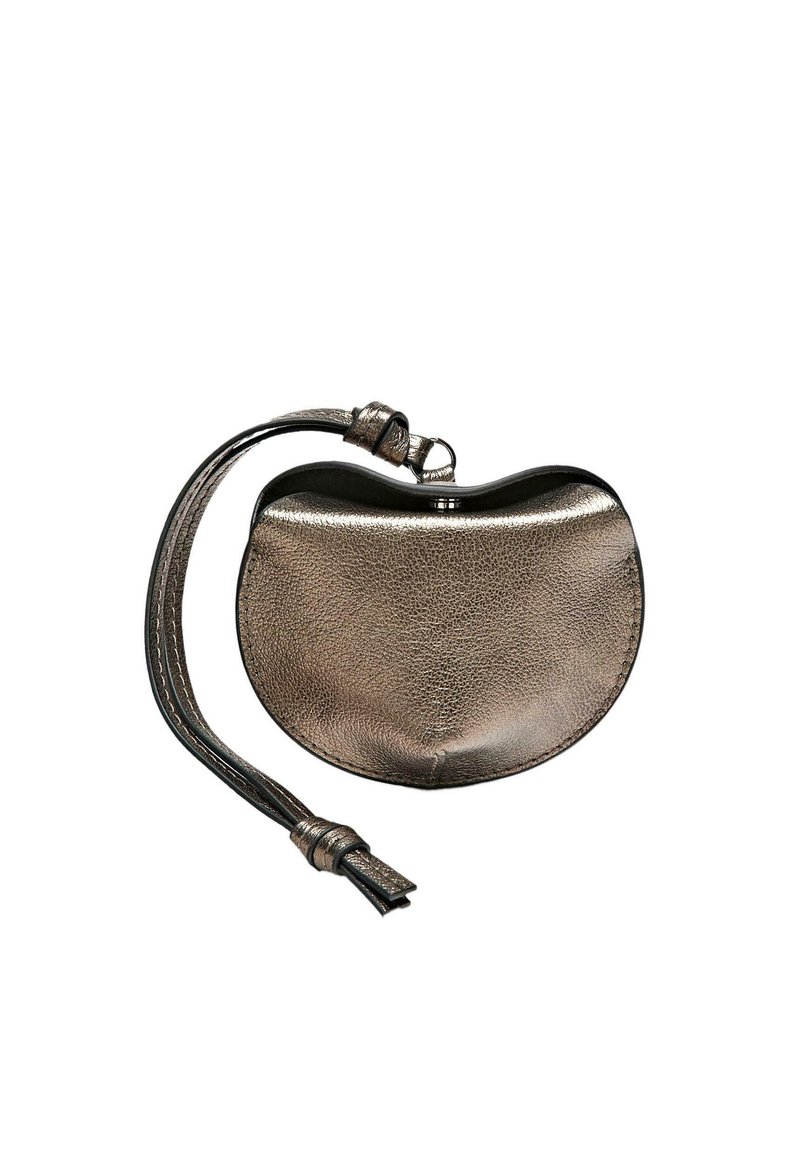 Metallic bronze leather pouch with a curved shape and a zip closure, featuring a decorative strap. Textured finish with subtle sheen.