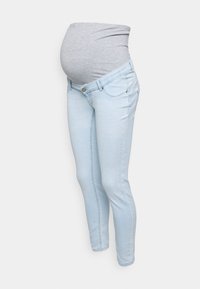 Grūtniecības džinsi gaiši zilā denima ar elastīgu pelēku auduma jostasvietu. Slim fit ar priekšējām kabatām un minimālām šuvju detaļām.
