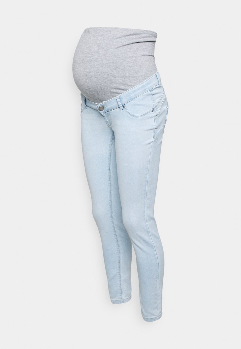 Grūtniecības džinsi gaiši zilā denima ar elastīgu pelēku auduma jostasvietu. Slim fit ar priekšējām kabatām un minimālām šuvju detaļām.