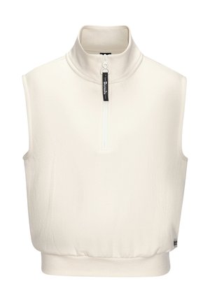Cream sleeveless fleece vest with stand collar and front half-zip featuring a black pull tab and ribbed hem.