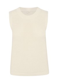 Mankiet bez rękawów w kolorze off-white, z teksturowanym wzorem i okrągłym dekoltem. Projekt zawiera prążkowany dół jako dodatkowy detal.