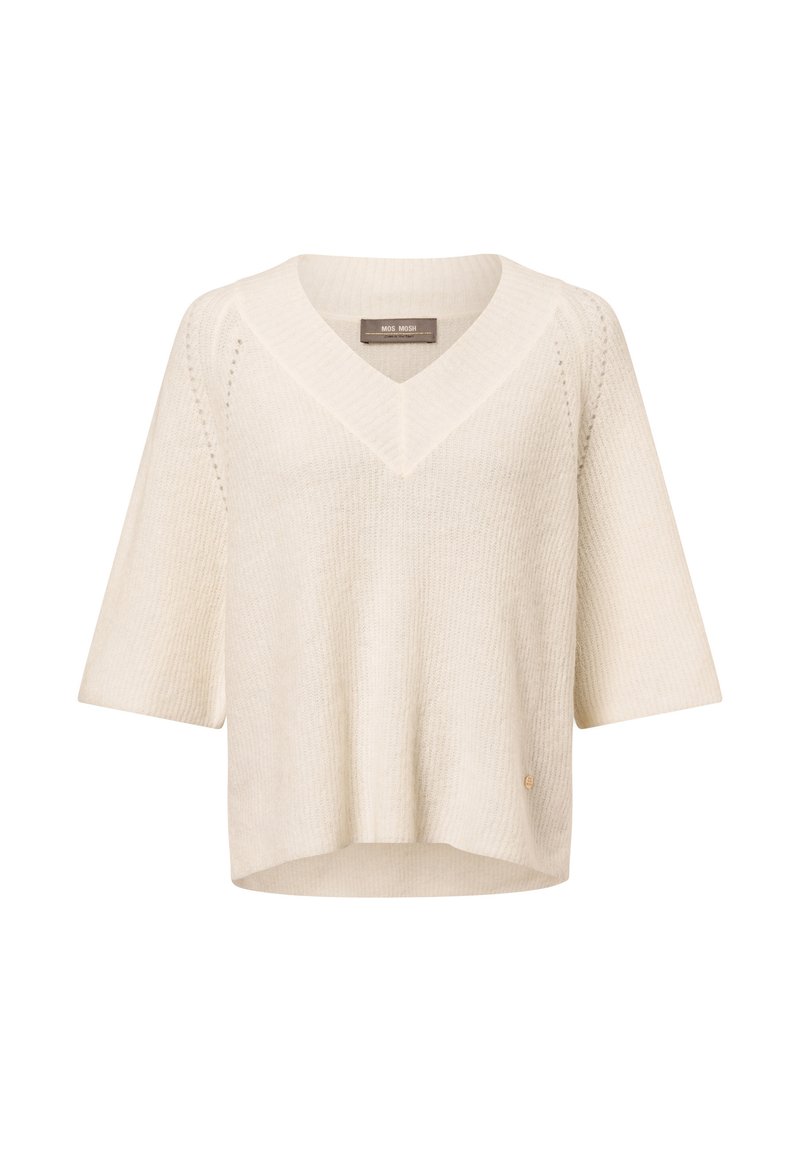 Beige knitted sweater with a V-neck, short sleeves, and a loose fit. Features ribbed texture and a small logo accent on the hem.