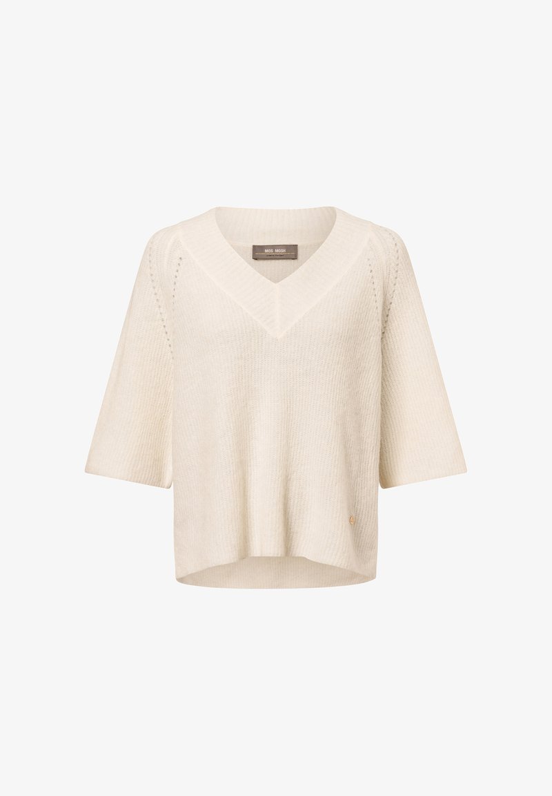 Beige knitted sweater with a V-neck, short sleeves, and a loose fit. Features ribbed texture and a small logo accent on the hem.