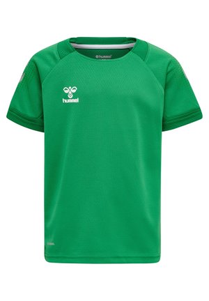 Grøn atletisk T-shirt lavet af letvægtsstof, med korte ærmer, rund halsudskæring og et tekstureret mønster. Hummel-logoet vises.