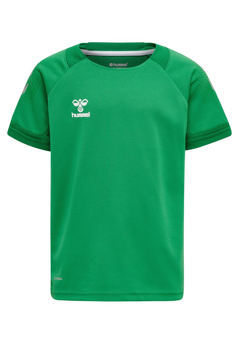 Groen sport T-shirt van lichtgewicht stof, met korte mouwen, een ronde halslijn en een gestructureerd patroon. Hummel-logo weergegeven.