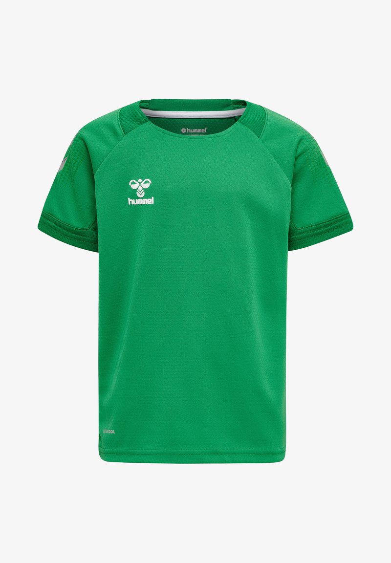 Grünes sportliches T-Shirt aus leichtem Stoff, mit kurzen Ärmeln, rundem Halsausschnitt und strukturiertem Muster. Hummel-Logo angebracht.