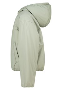 Giacca imbottita verde chiaro con cappuccio, dotata di tasca laterale con zip e polsini elastici. Texture liscia e design comodo.