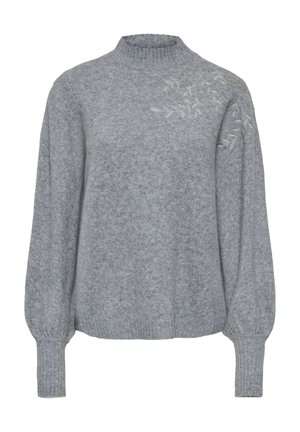 Pull gris doux avec col et poignets côtelés hauts, manches ballon longues et motifs subtils de feuilles brodées sur l'épaule et la poitrine.