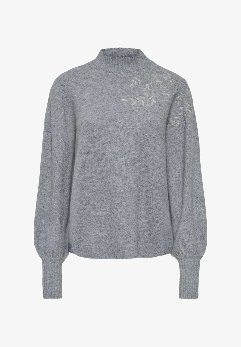 Pull gris doux avec col et poignets côtelés hauts, manches ballon longues et motifs subtils de feuilles brodées sur l'épaule et la poitrine.