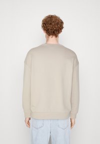 Felpa beige chiaro con collo a giro, spalle abbassate e polsini a costine. Tessuto liscio, vestibilità casual, abbinata a jeans azzurri chiari.