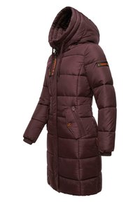 Maroon padded coat with a hood, featuring a quilted design, zippered pockets, elastic cuffs, and orange accent details on the sleeves.