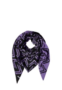 Sciarpa stampata con sfondo nero e disegni a zigzag in viola vivace. Il tessuto sembra morbido con una superficie liscia.