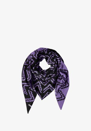 Bufanda estampada con un fondo negro y diseños en zigzag de un púrpura vibrante. El tejido parece suave con una textura lisa.