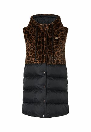 Veste matelassée sans manches avec bas matelassé noir et haut en fausse fourrure imprimé léopard marron, avec une capuche munie de cordons noirs et des boutons-pression à l'avant.