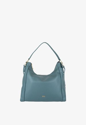 Borsa a tracolla in pelle blu con una sola cinghia per la spalla, dettagli con cerniere dorate e piccolo logo dorato "TOSCA BLU" al centro davanti.
