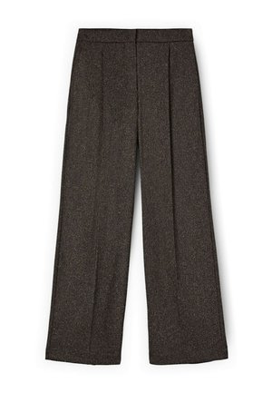 Weite Hose aus einem strukturierten, dunklen Stoff mit dezenten Farbvariationen, featuring Falten auf der Vorderseite und einem sauberen Bund, ohne sichtbare Verschlüsse.