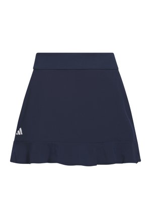 Gonna sportiva blu navy con una fascia larga in vita, orlo con leggero volant e piccolo logo Adidas bianco vicino al lato inferiore sinistro.