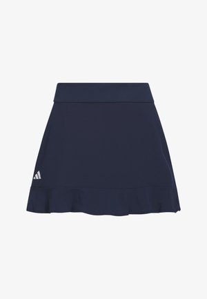 Donkerblauwe sportrok met een brede tailleband, subtiele ruches aan de zoom en een klein wit Adidas-logo aan de onderzijde aan de linkerkant.