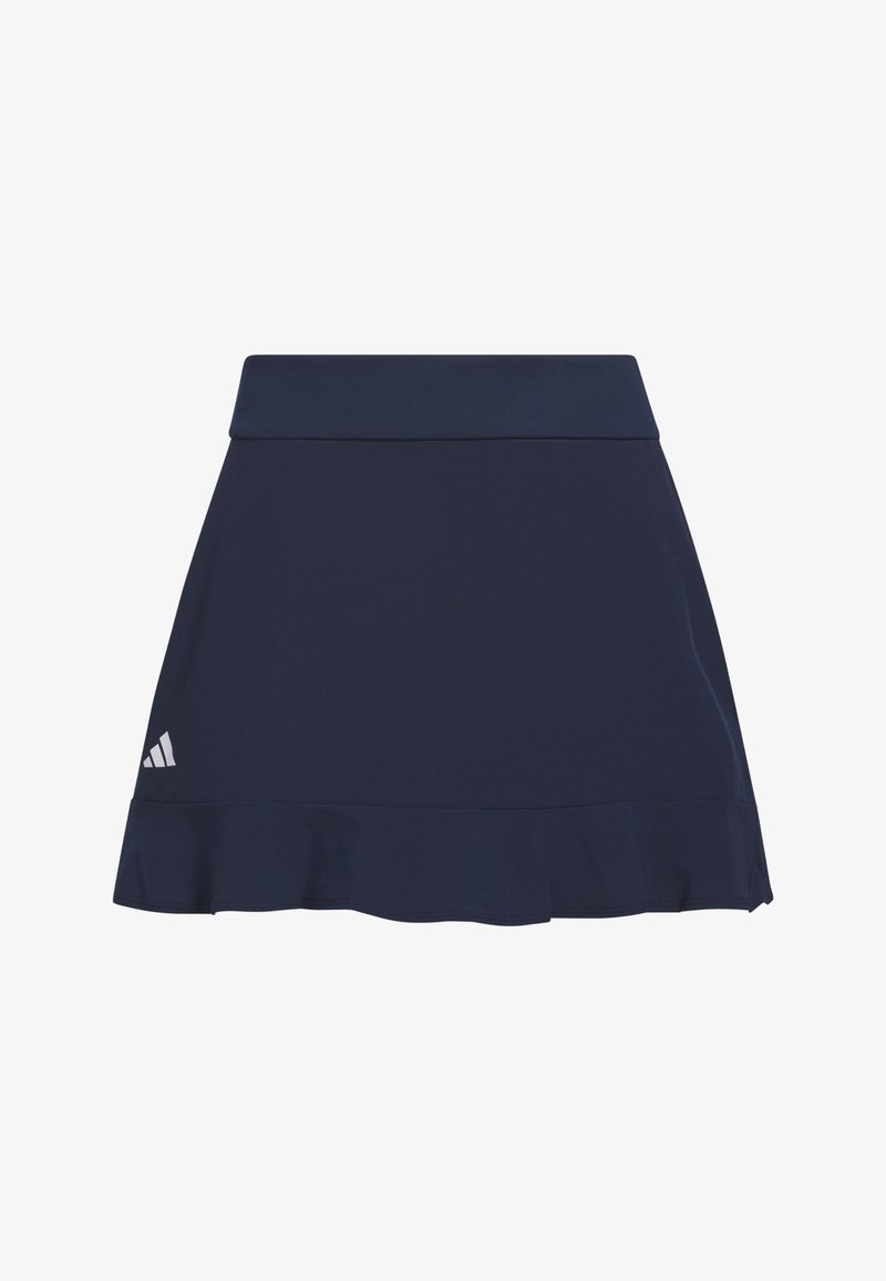 Donkerblauwe sportrok met een brede tailleband, subtiele ruches aan de zoom en een klein wit Adidas-logo aan de onderzijde aan de linkerkant.