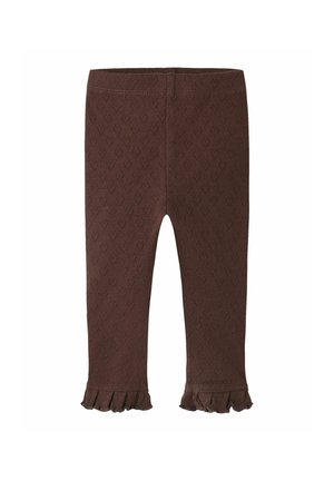 Leggings bébé marron texturé avec ceinture élastique et bords volantés sur fond blanc.