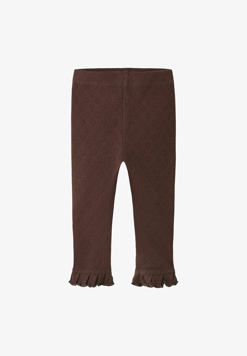 Leggings bébé marron texturé avec ceinture élastique et bords volantés sur fond blanc.