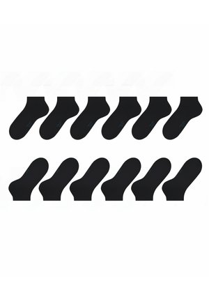 Chaussettes noires chevilles présentées sous forme de grille. Texture lisse, matériau homogène et design simple avec une étiquette bleue discrète en bas.