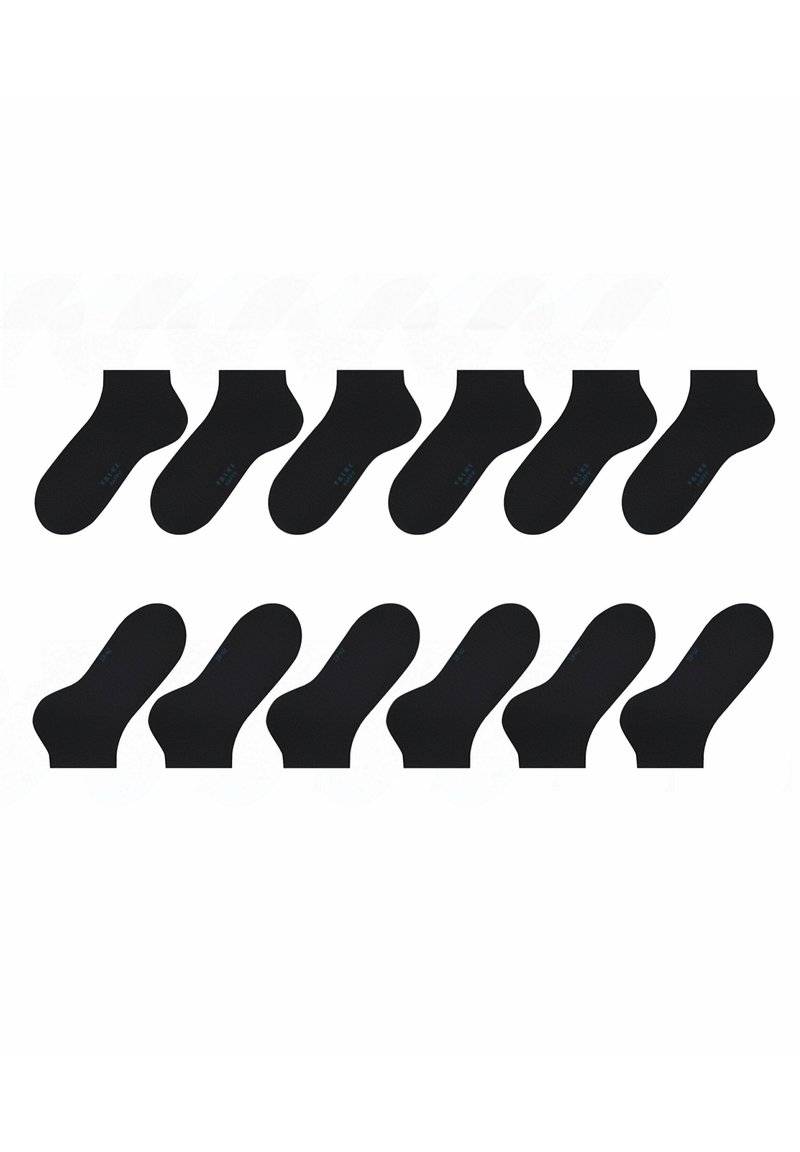 Svarta ankelsockor visade i ett rutnät. Slät textur, konsekvent material och enkel design med en subtil blå etikett på botten.