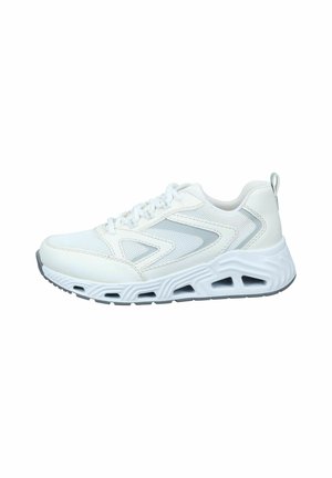 Weiße Sneaker aus Mesh und synthetischem Leder, mit einem strukturierten Design, gepolsterter Sohle und grauen Akzenten in einer modernen Form.
