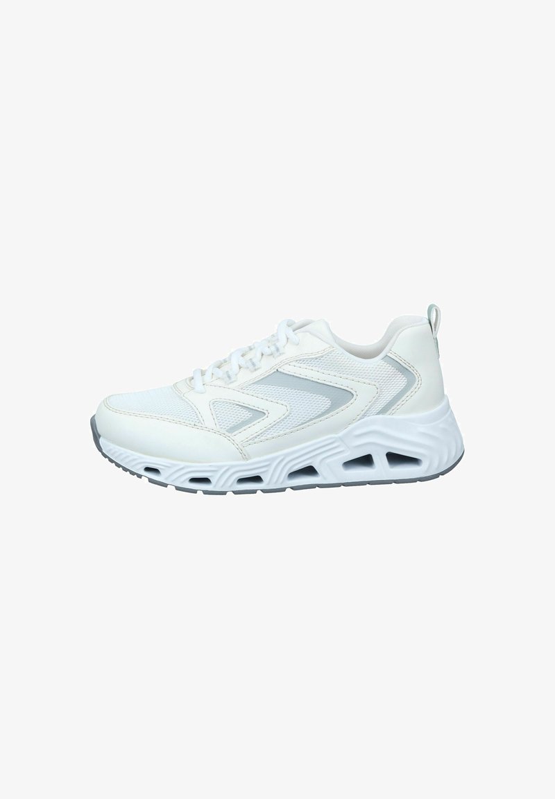 Weiße Sneaker aus Mesh und synthetischem Leder, mit einem strukturierten Design, gepolsterter Sohle und grauen Akzenten in einer modernen Form.