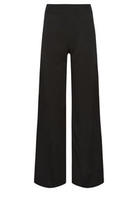 Czarne spodnie w szerokim kroju wykonane z miękkiego materiału; posiadają wysoki, elastyczny pas oraz gładką teksturę bez widocznych wzorów czy akcentów.