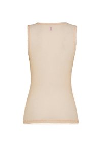 Beżowy top bez rękawów o prążkowanej fakturze, z okrągłym dekoltem i prostym krojem. Faliste krawędzie dodają delikatnego detalu.