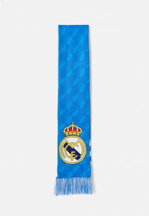 Koningsblauwe sjaal met het Real Madrid-logo met een kroon, gemaakt van zachte stof, met franjes aan de uiteinden en subtiele diamantenpatronen.