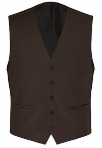 Braune Weste mit V-Ausschnitt, ausgestattet mit fünf Knöpfen, zwei Taschen und einer glatten Textur. Die Rückseite ist mit schwarzem Stoff gefüttert.