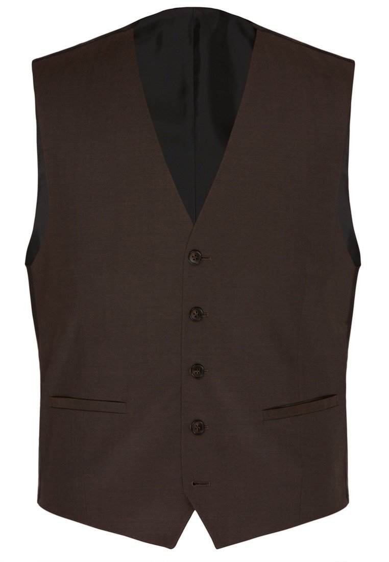 Braune Weste mit V-Ausschnitt, ausgestattet mit fünf Knöpfen, zwei Taschen und einer glatten Textur. Die Rückseite ist mit schwarzem Stoff gefüttert.