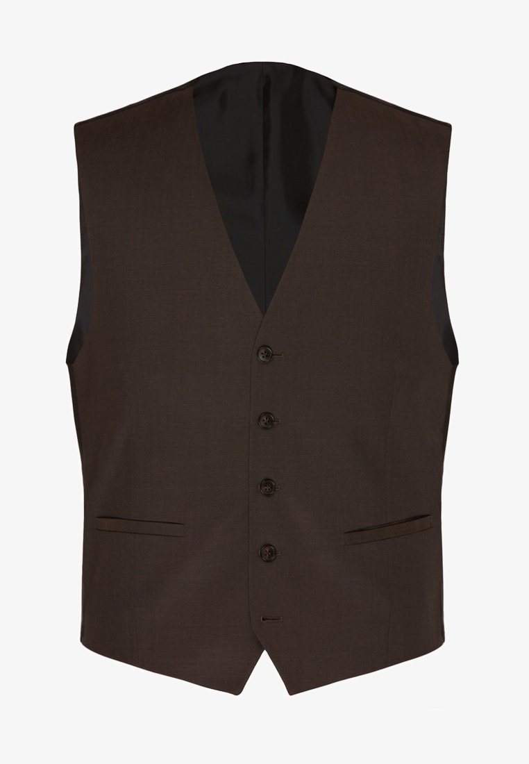 Braune Weste mit V-Ausschnitt, ausgestattet mit fünf Knöpfen, zwei Taschen und einer glatten Textur. Die Rückseite ist mit schwarzem Stoff gefüttert.