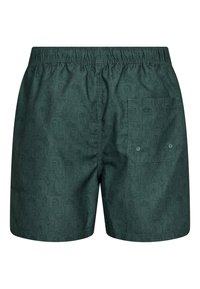 Vihreät shortsit, joissa on elastinen vyötärö, ja niissä on heikko kuvio erilaisista hahmoista. Takana on tasku, jossa on kaksi nappia.