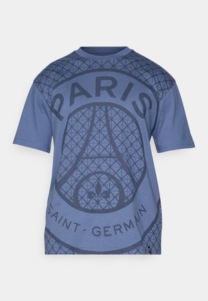 Hellblaues T-Shirt mit geometrischem Muster, großem "PARIS"-Schriftzug und "SAINT-GERMAIN"-Detail. Hergestellt aus weichem Stoff mit Rundhalsausschnitt.