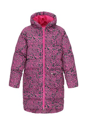 Rosa gefütterte Jacke mit einem Leopardenmuster in Schwarz und Grün. Sie verfügt über einen Reißverschluss vorne, eine Kapuze und lange Ärmel. Weicher, gesteppten Stoff.