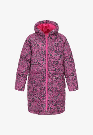 Rózsaszín puffernadrág leopárdmintával feketében és zöldben. Cipzáros elől, kapucnival és hosszú ujjakkal rendelkezik. Puha, steppelt textúra.