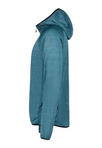 Teal leichte Jacke aus strukturiertem Stoff, mit Kapuze, durchgehendem Reißverschluss und elastischen Bündchen. Minimale Markenkennzeichnung ist auf der Schulter vorhanden.