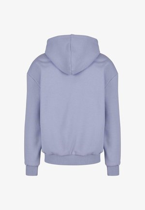 Lila Kapuzenpullover mit lockerer Passform, gerippten Bündchen und Saum sowie einer weichen Textur. Keine sichtbaren Designmerkmale auf der Vorderseite.