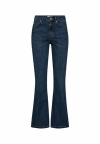 Jean évasé en denim bleu foncé à taille haute, avec des coutures classiques, cinq poches et une fermeture à bouton en métal à l'avant.