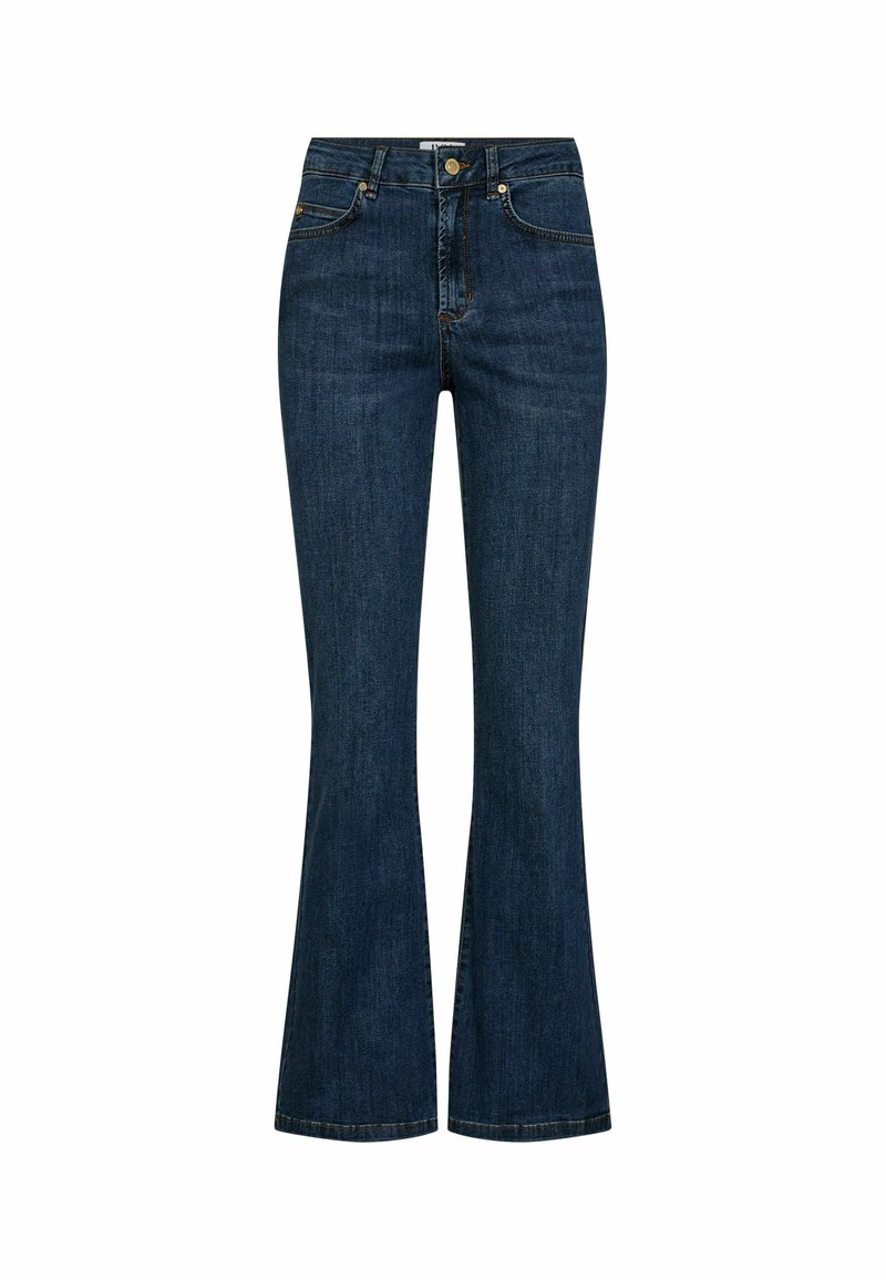 Jean évasé en denim bleu foncé à taille haute, avec des coutures classiques, cinq poches et une fermeture à bouton en métal à l'avant.