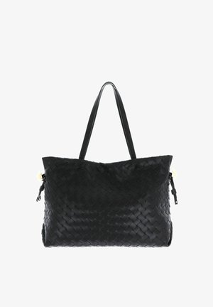 Bolso tote de cuero negro tejido con doble asa para el hombro y detalles de cremalleras laterales, de forma rectangular y con interior espacioso.