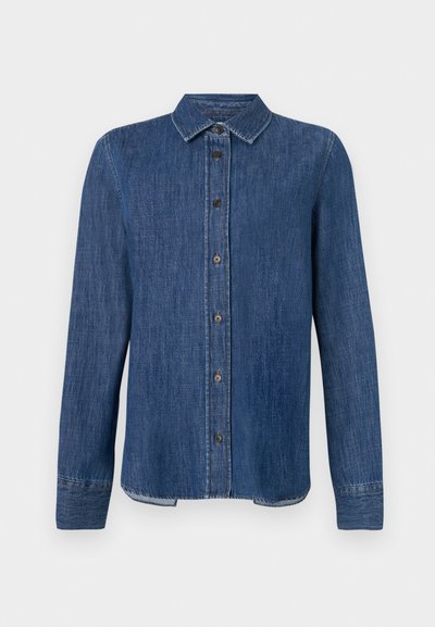 Dark blue denim shirt with long sleeves, button-down front, classic collar, and visible stitching. Features a straight hem with slight curve at sides.