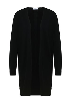 Lang sort cardigan med åben front, lange ærmer og ribstrikkede manchetter og kant, med et "CECIL" mærke indeni nakken.