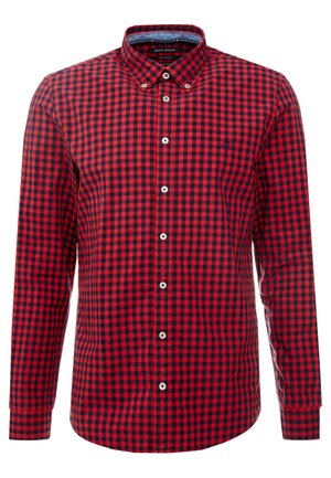 Rotes und schwarzes karierte Hemd mit langen Ärmeln, Knopfleiste, Button-Down-Kragen und weißen Knöpfen.